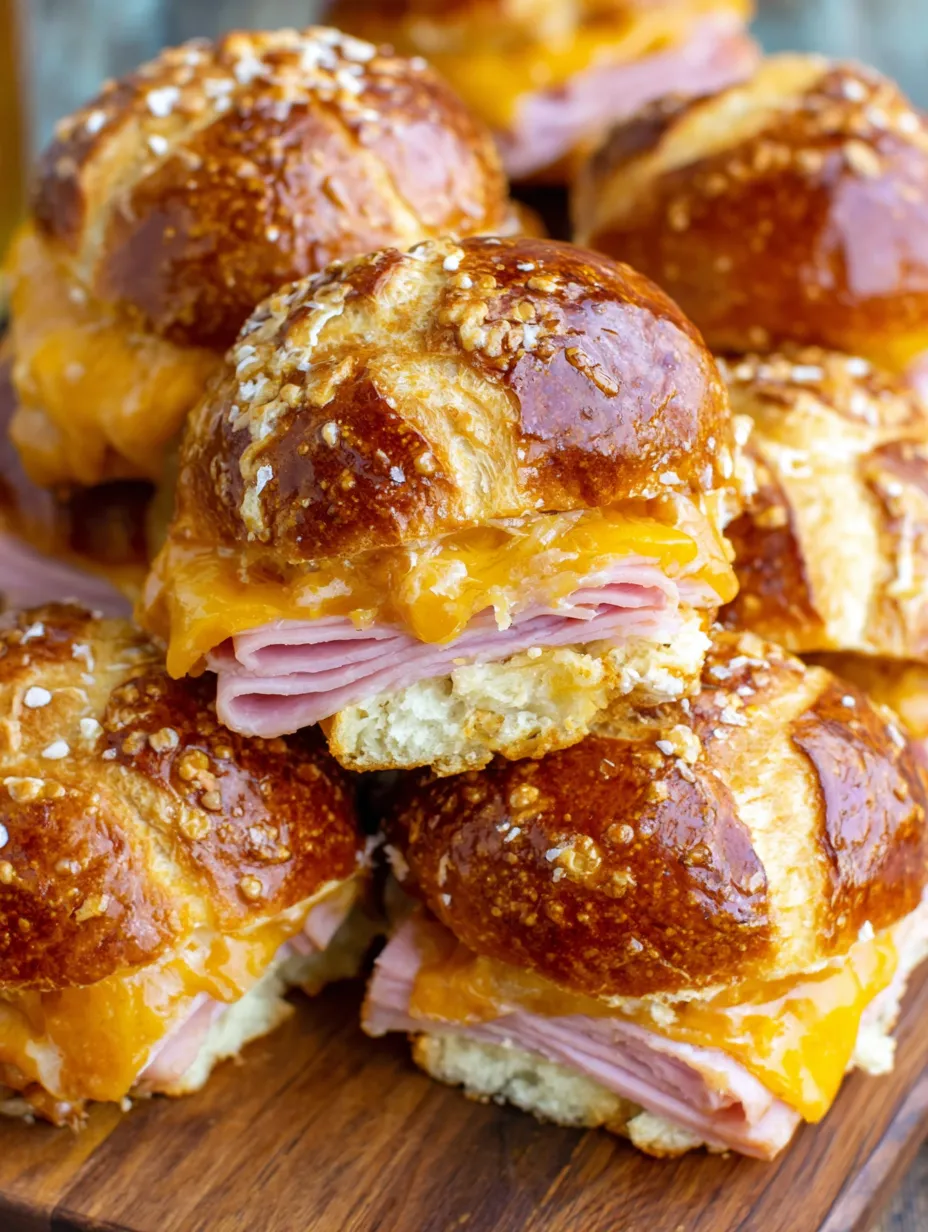 A stack of ham and cheese pretzel sliders.