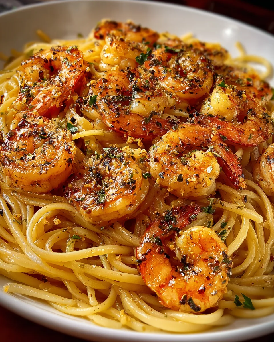 A plate of garlic shrimp pasta with butter.
