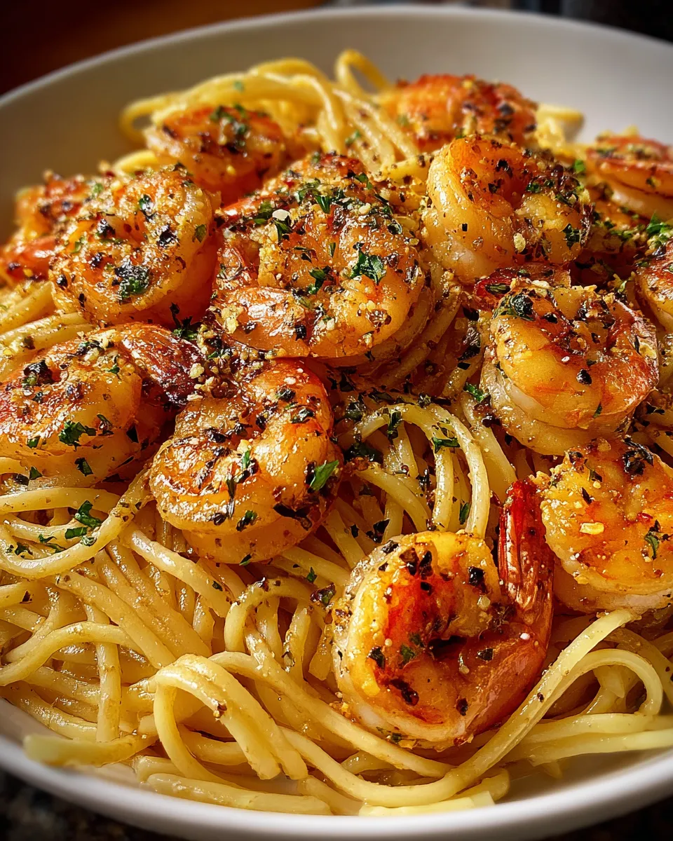A plate of garlic shrimp pasta with butter.