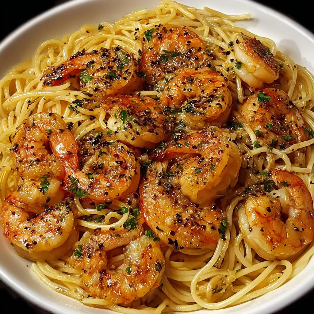 A bowl of garlic shrimp pasta butter.