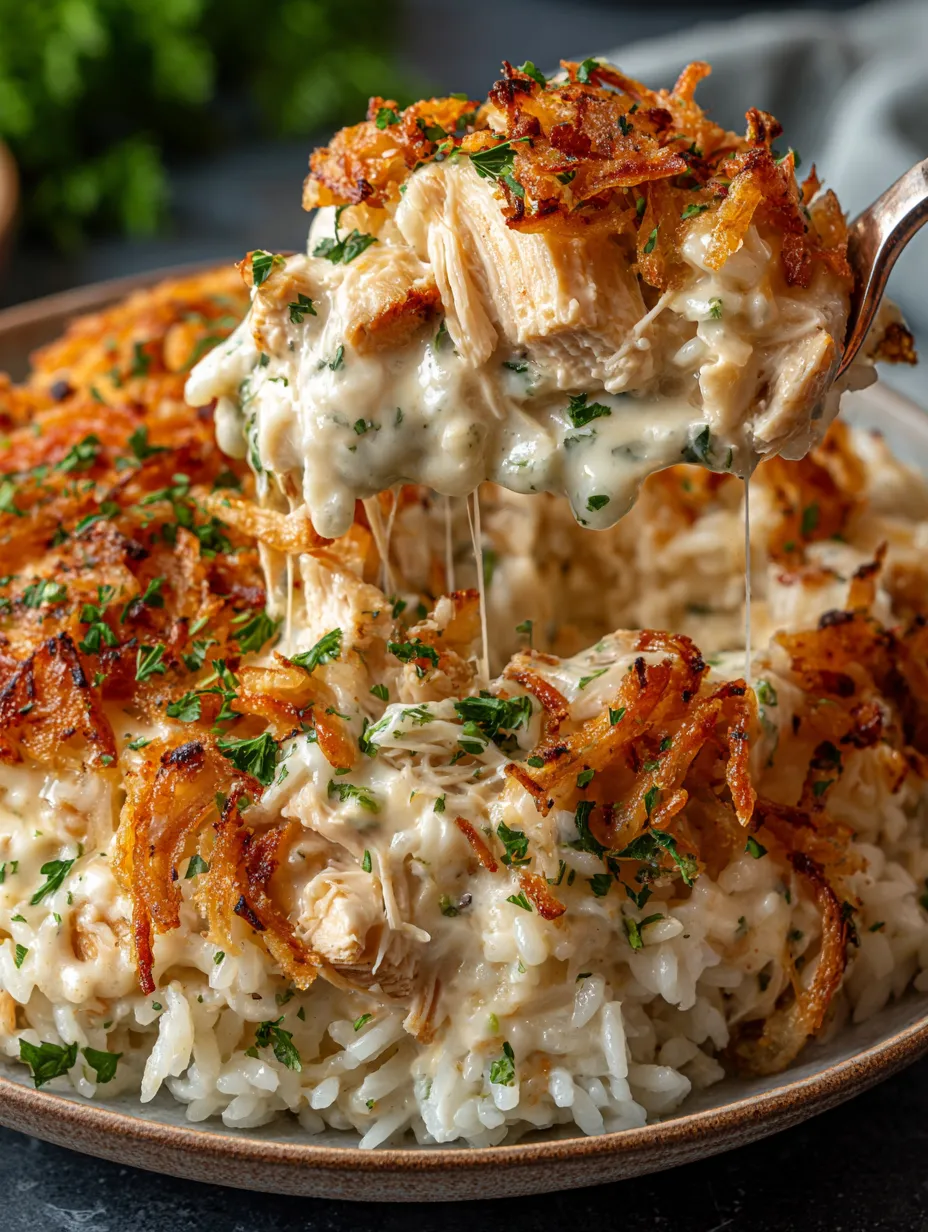 A close up of a French Onion Chicken Rice Bake.