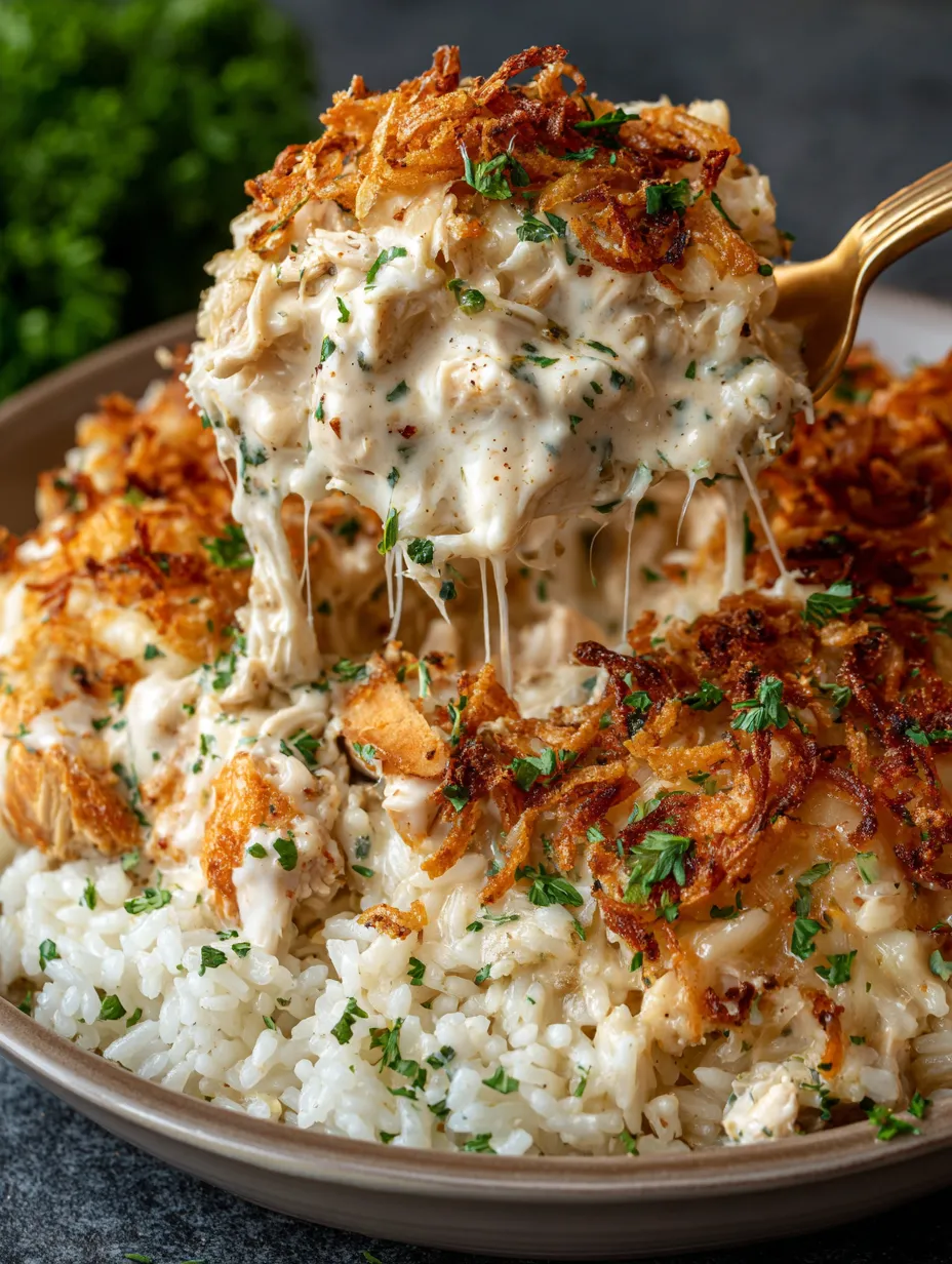 A bowl of French Onion Chicken Rice Bake.