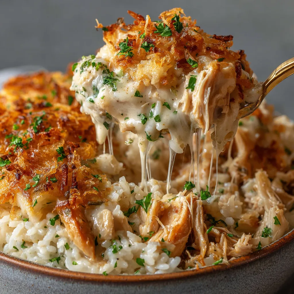 A bowl of French Onion Chicken Rice Bake.