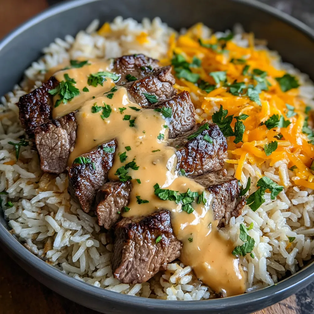 A bowl of rice with meat and sauce.