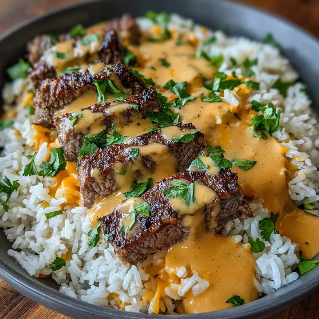 A bowl of rice with meat and sauce.