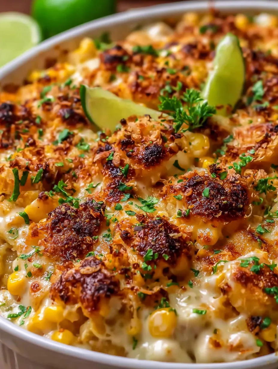 A close up of a delicious street corn chicken casserole.