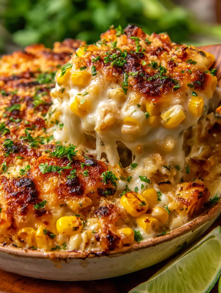 A close up of a delicious looking street corn chicken casserole.