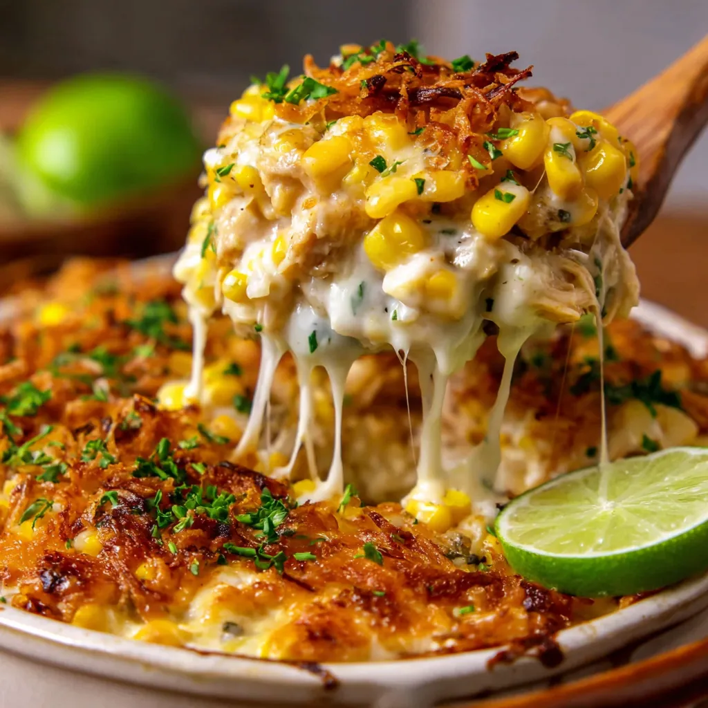 A close up of a delicious street corn chicken casserole.