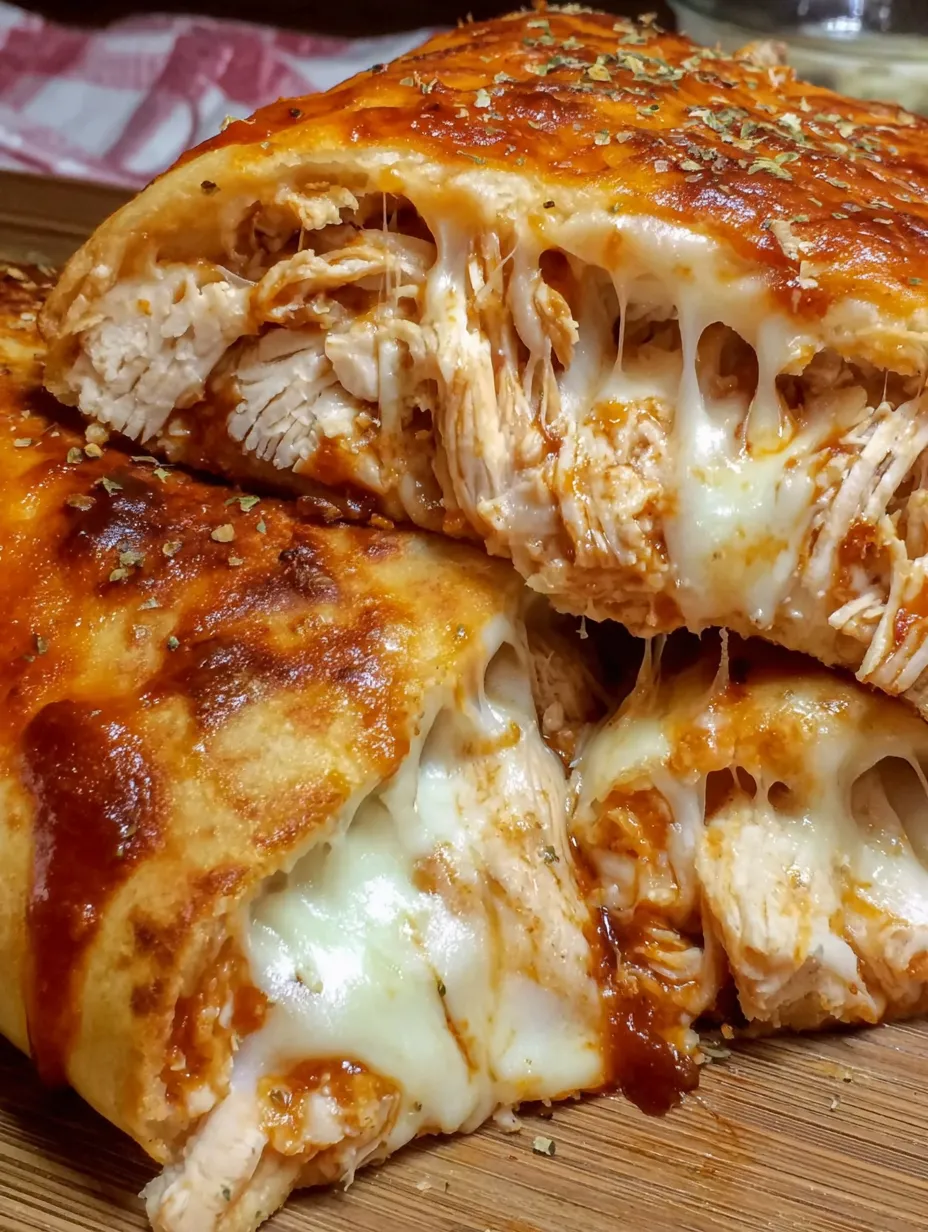 A BBQ chicken stromboli is cut in half and placed on a wooden table.