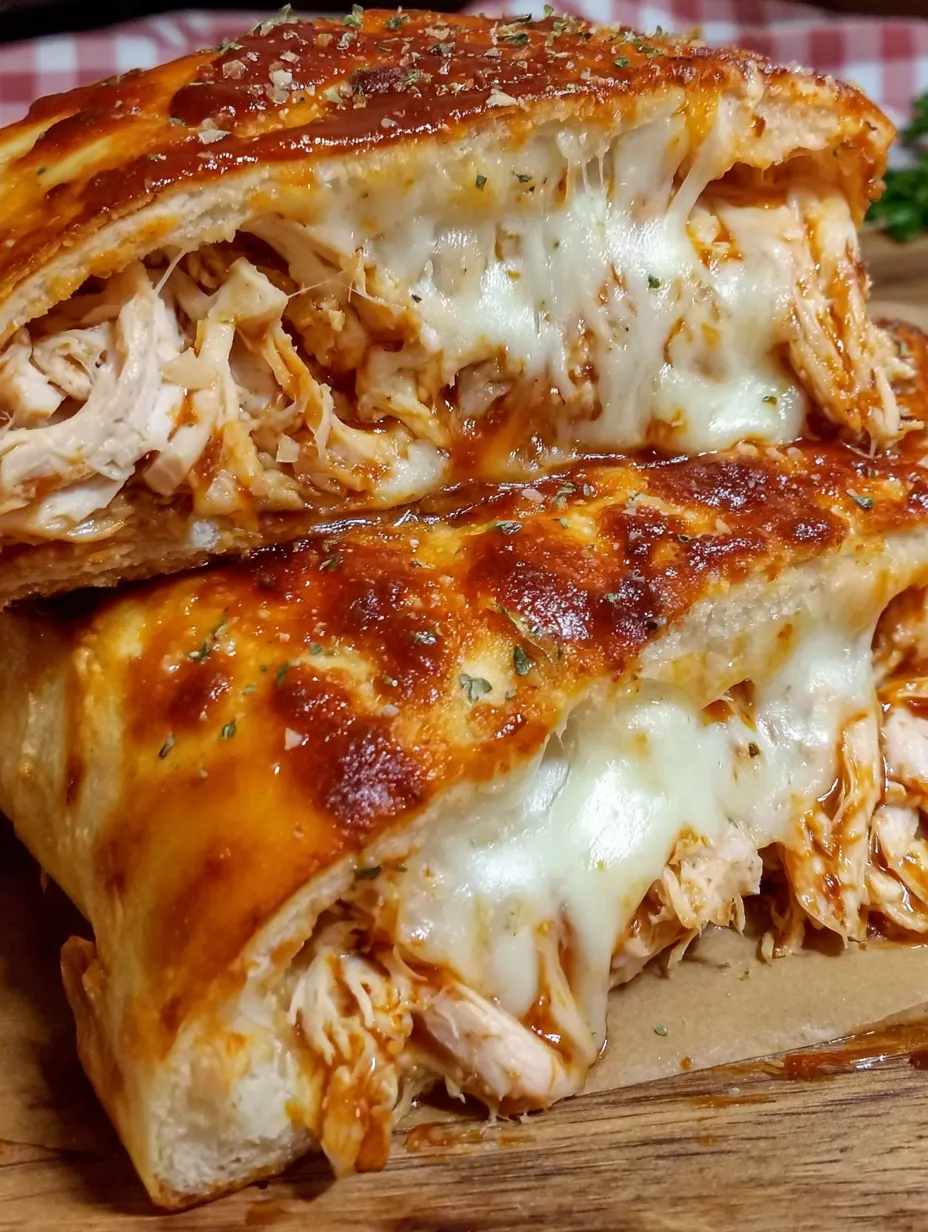 A BBQ chicken stromboli is sliced and ready to be eaten.