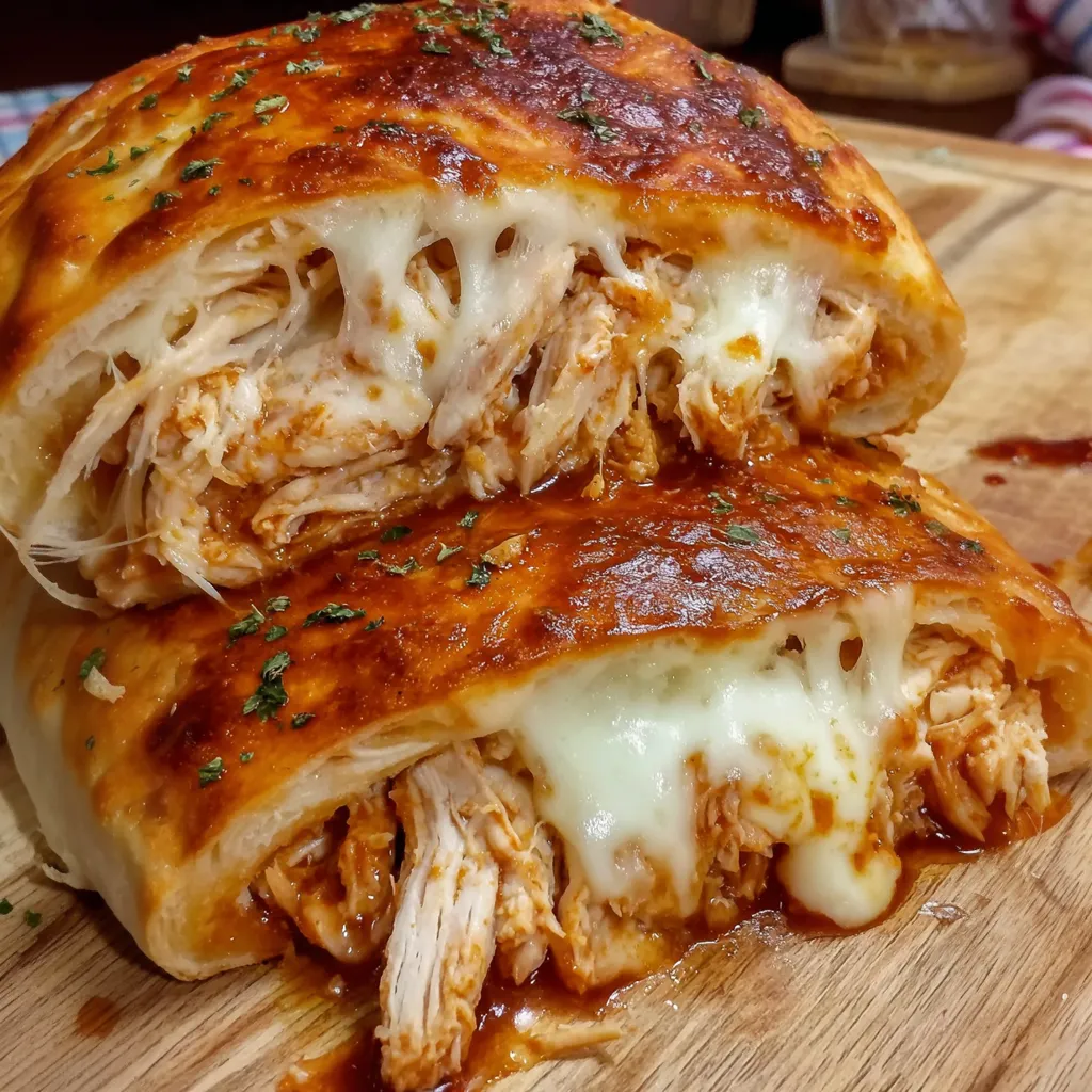 A BBQ chicken stromboli on a wooden table.
