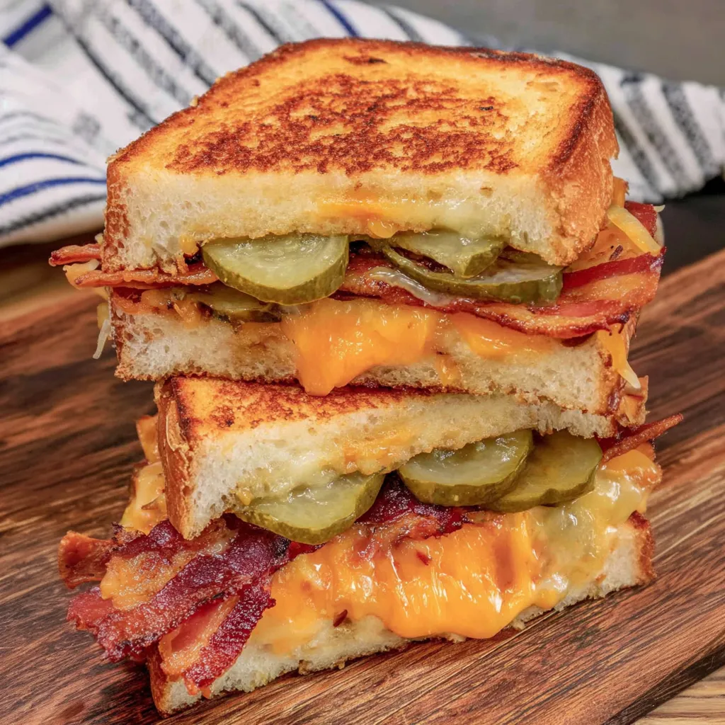 A sandwich with bacon, pickles, and cheese.