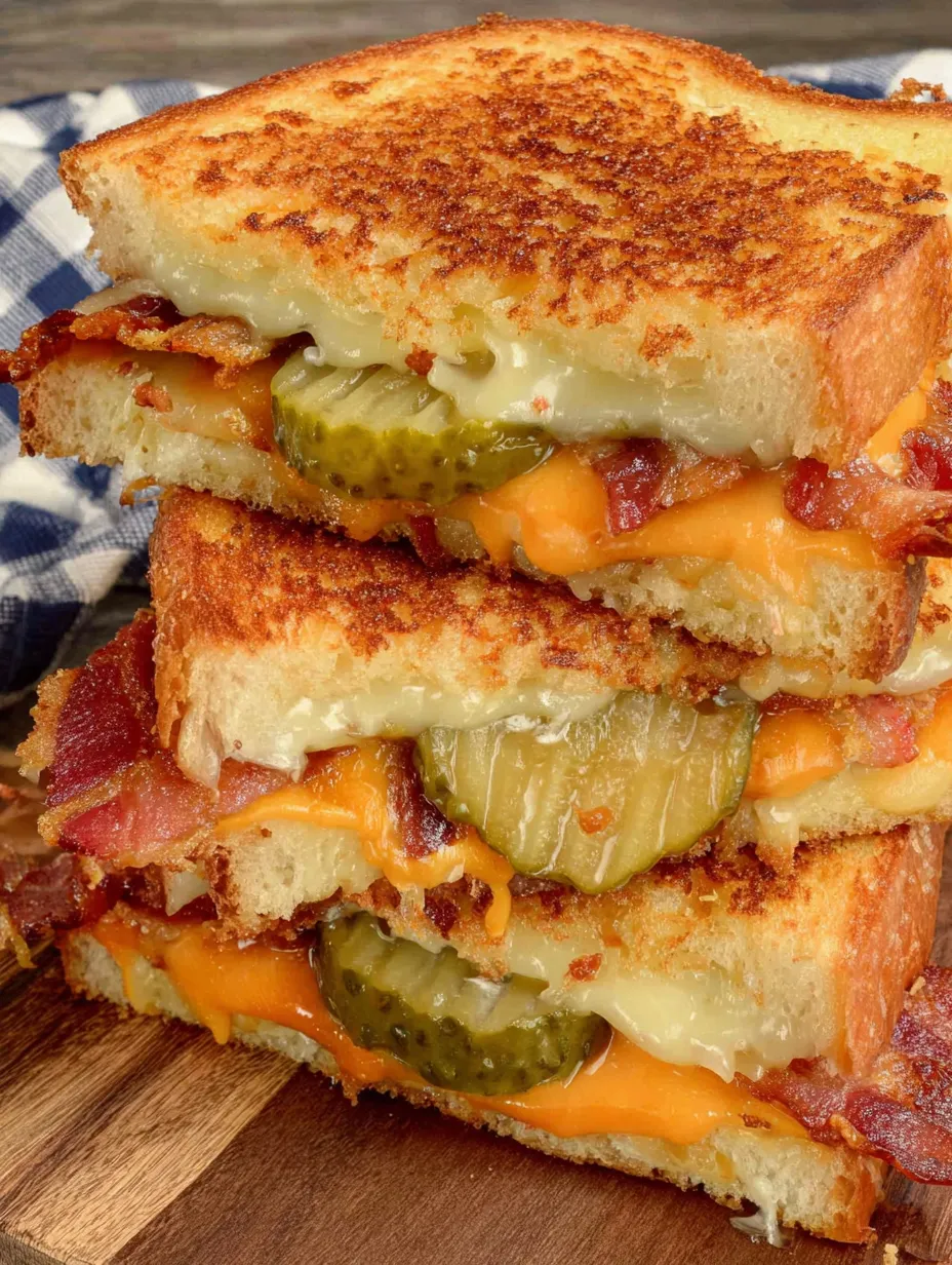 A stack of grilled cheese sandwiches with pickles and bacon.