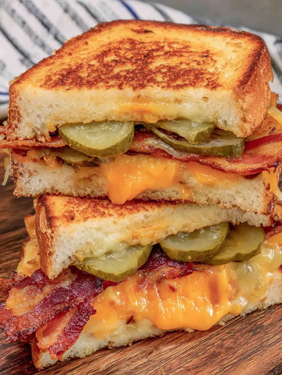 A stack of grilled cheese sandwiches with pickles and bacon.