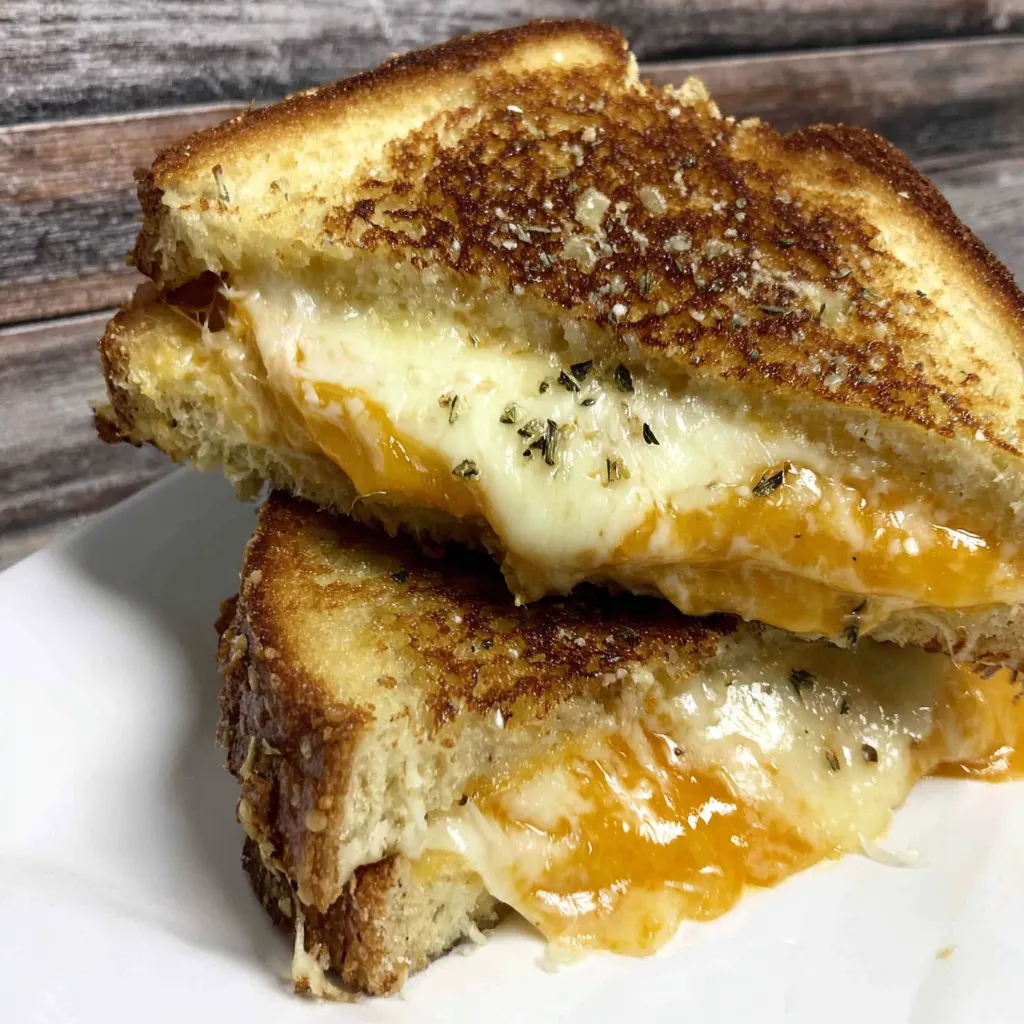 A grilled cheese sandwich with egg on top.