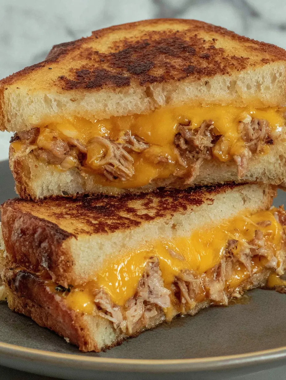 A BBQ Pulled Pork Grilled Cheese Sandwich.