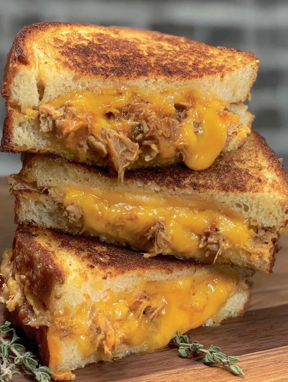 Three grilled cheese sandwiches with pulled pork.