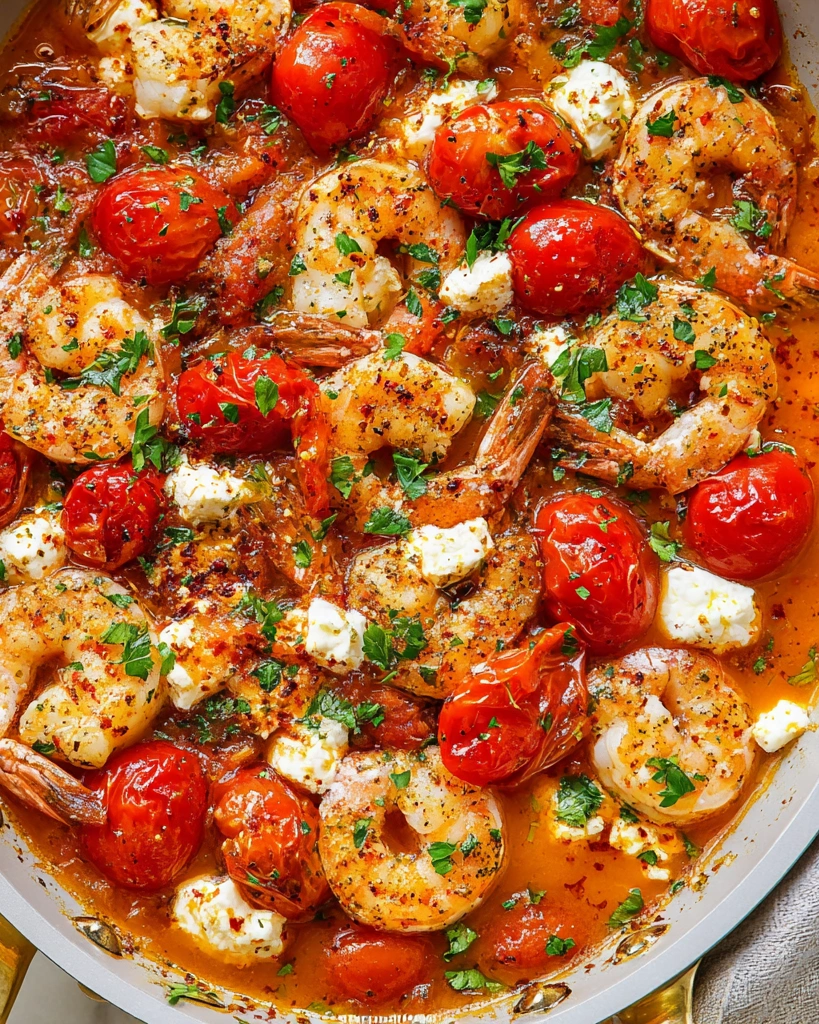 A dish of shrimp, tomatoes, and feta cheese.