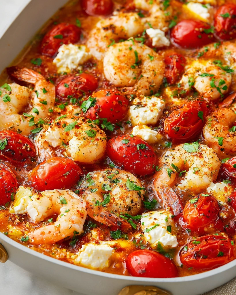 A dish of shrimp, tomatoes, and feta cheese.