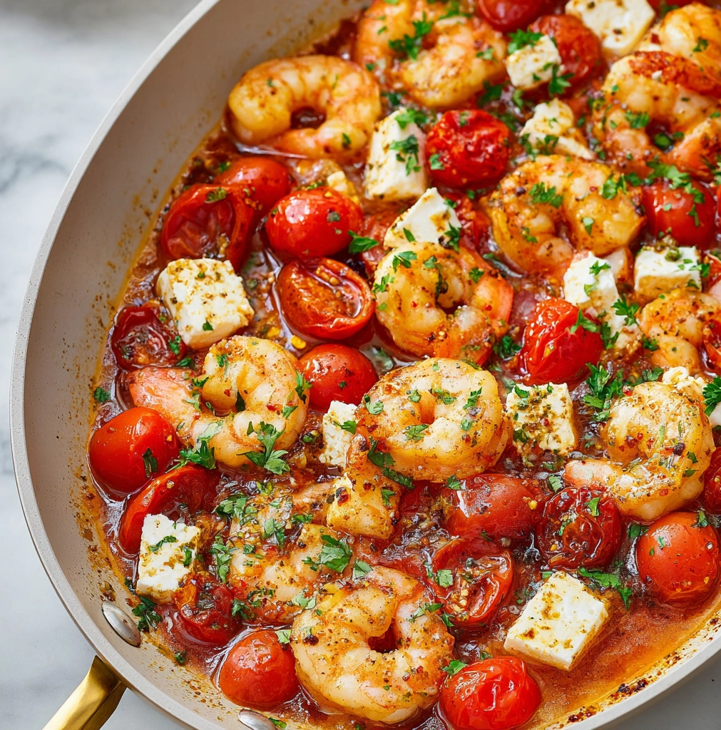 A pan of shrimp, tomatoes, and feta cheese.