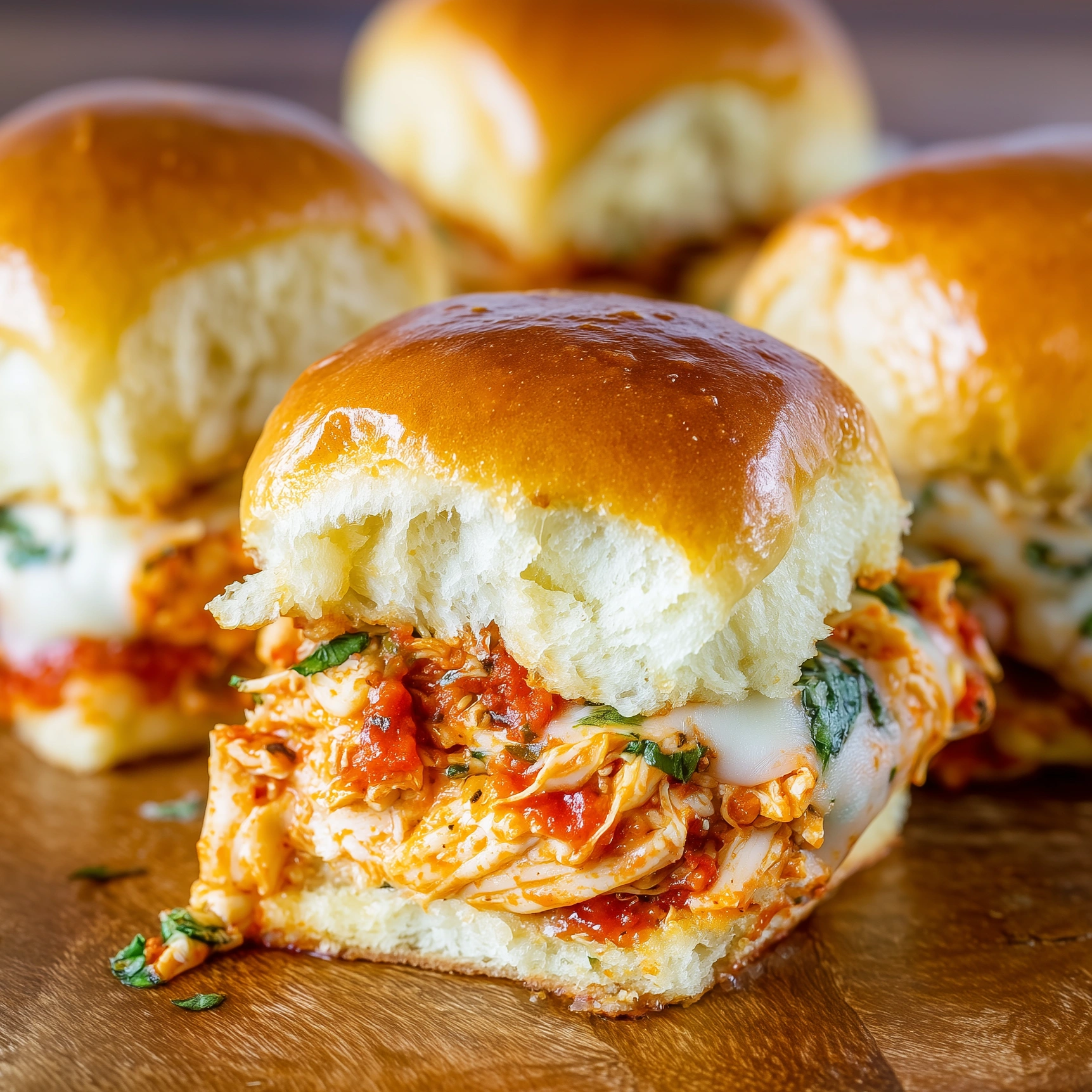 Baked chicken parm sliders on a wooden table.
