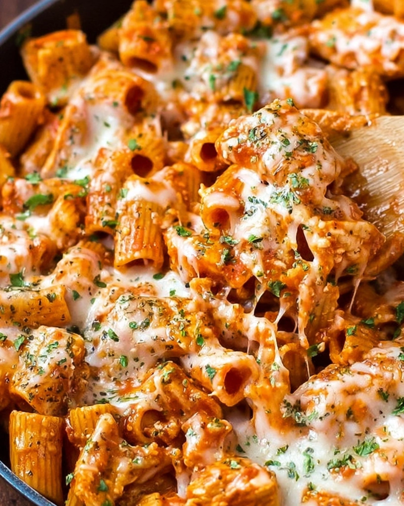 A close up of a delicious One Pot Chicken Parmesan Pasta.
