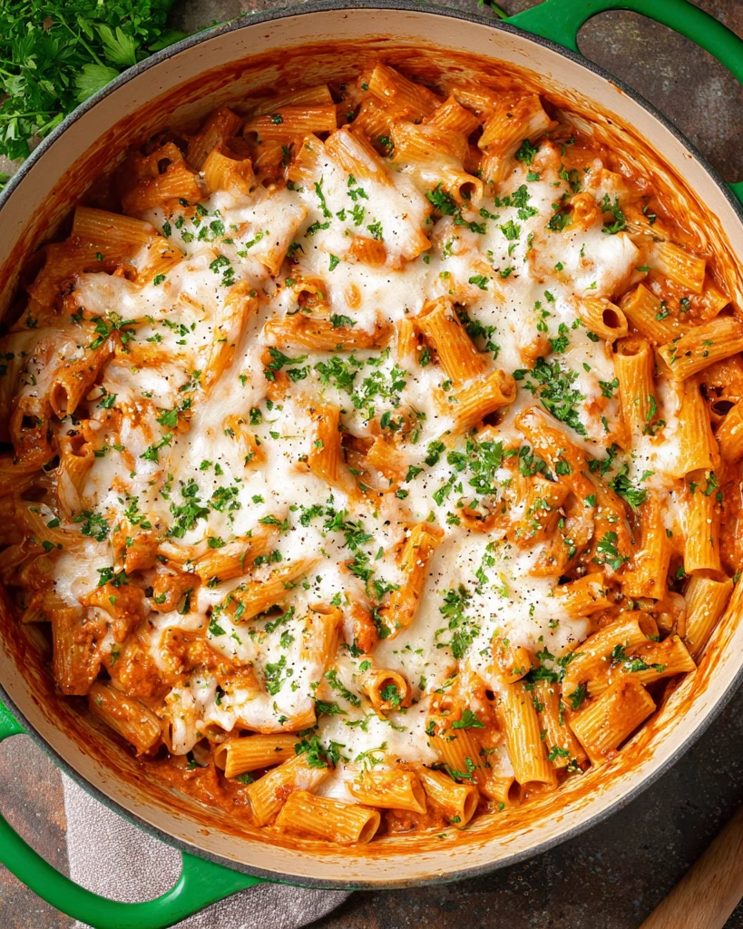 A close up of a delicious one pot chicken parmesan pasta.