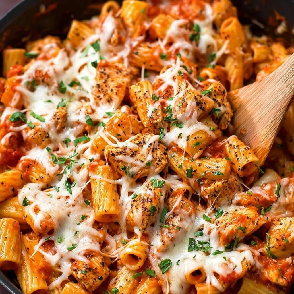 A delicious One Pot Chicken Parmesan Pasta.