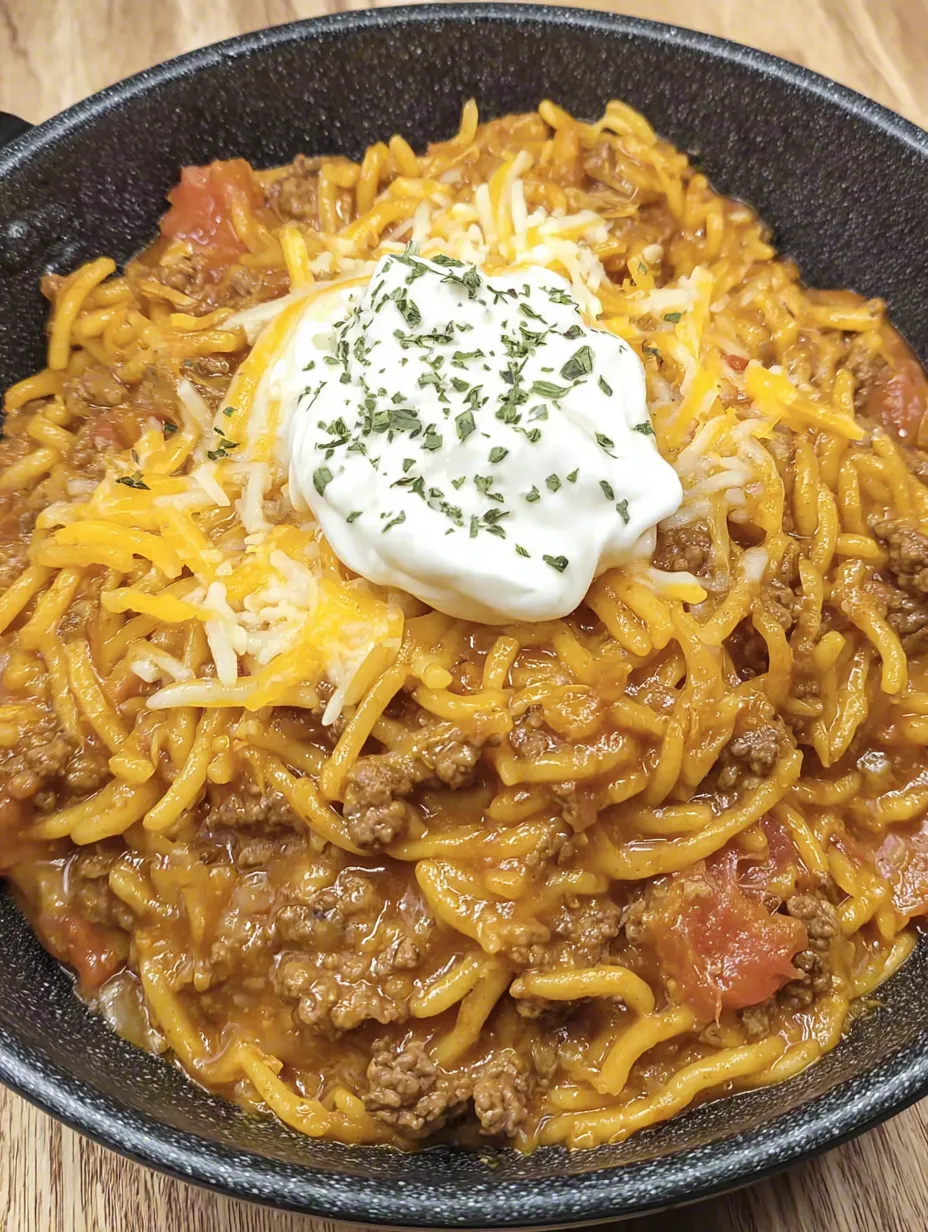 A bowl of beef enchilada fideo skillet.