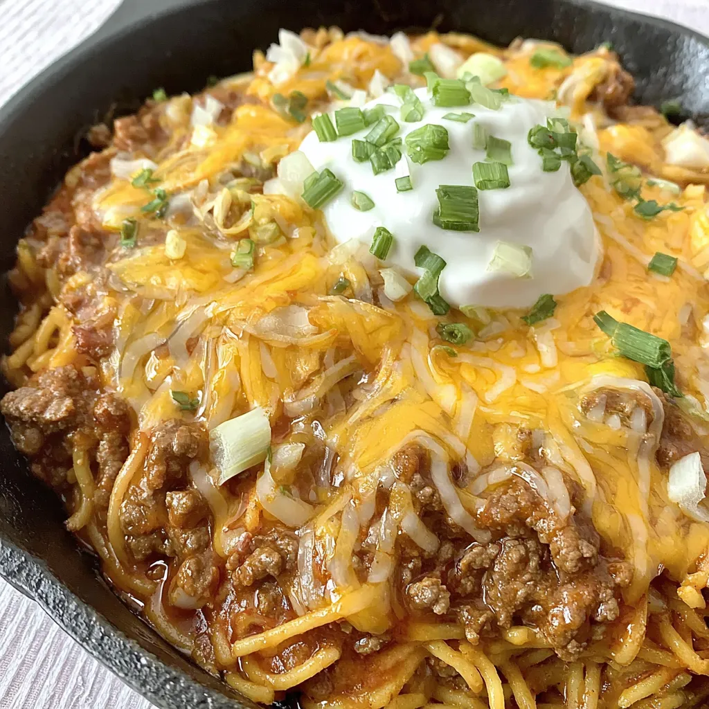A beef enchilada fideo skillet with a dollop of sour cream on top.