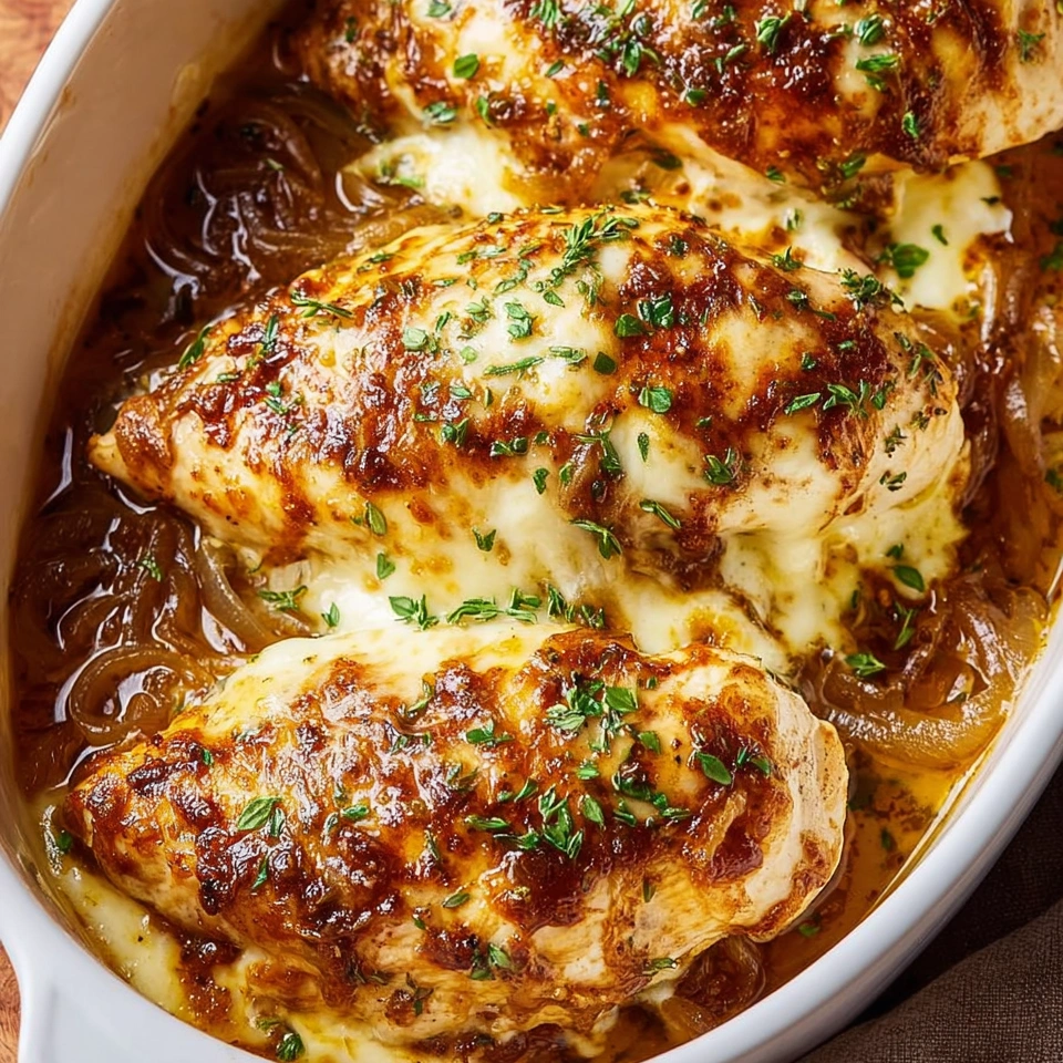 French onion chicken breast in a white bowl.