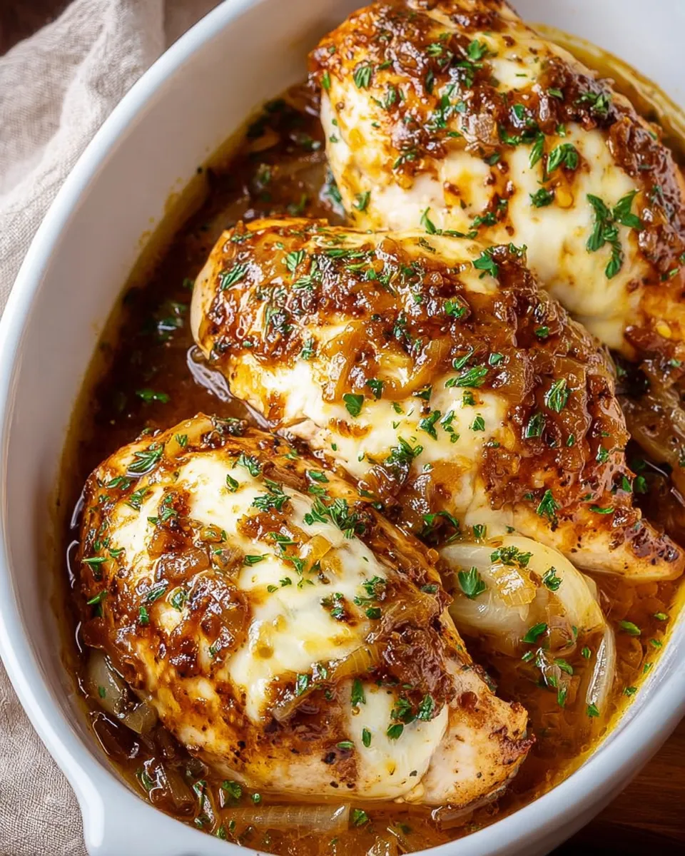 French onion chicken breast in a bowl.