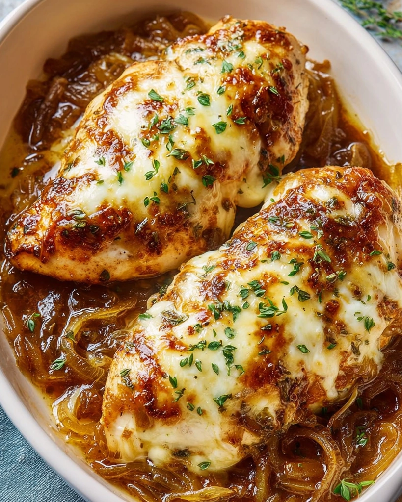 French onion chicken breast with cheese and herbs.