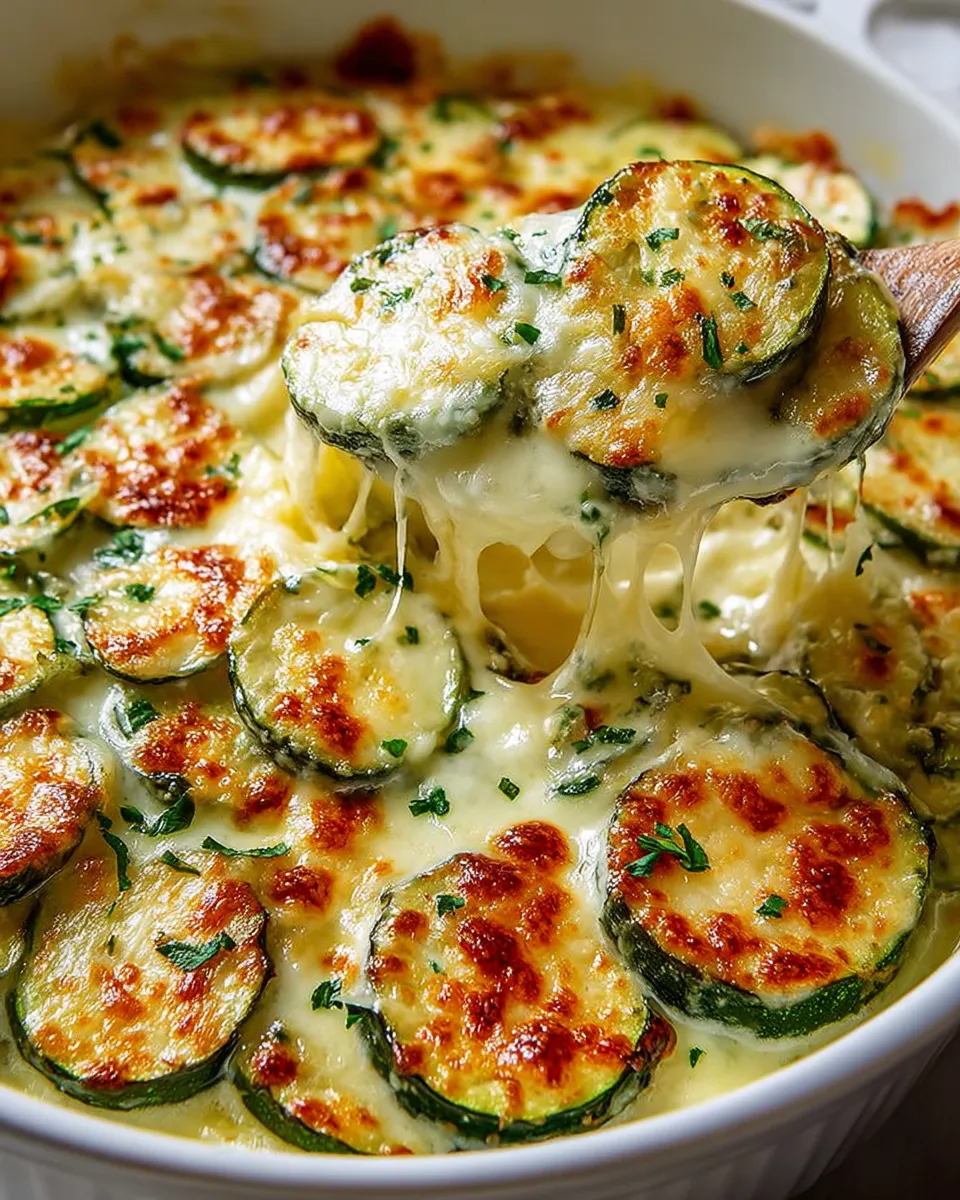 A close up of a delicious baked zucchini cheese dish.