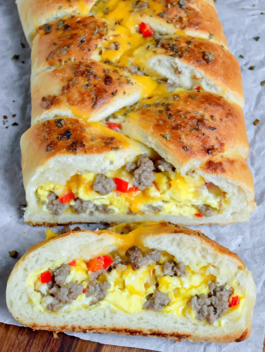 A breakfast braid with eggs, cheese, and peppers.