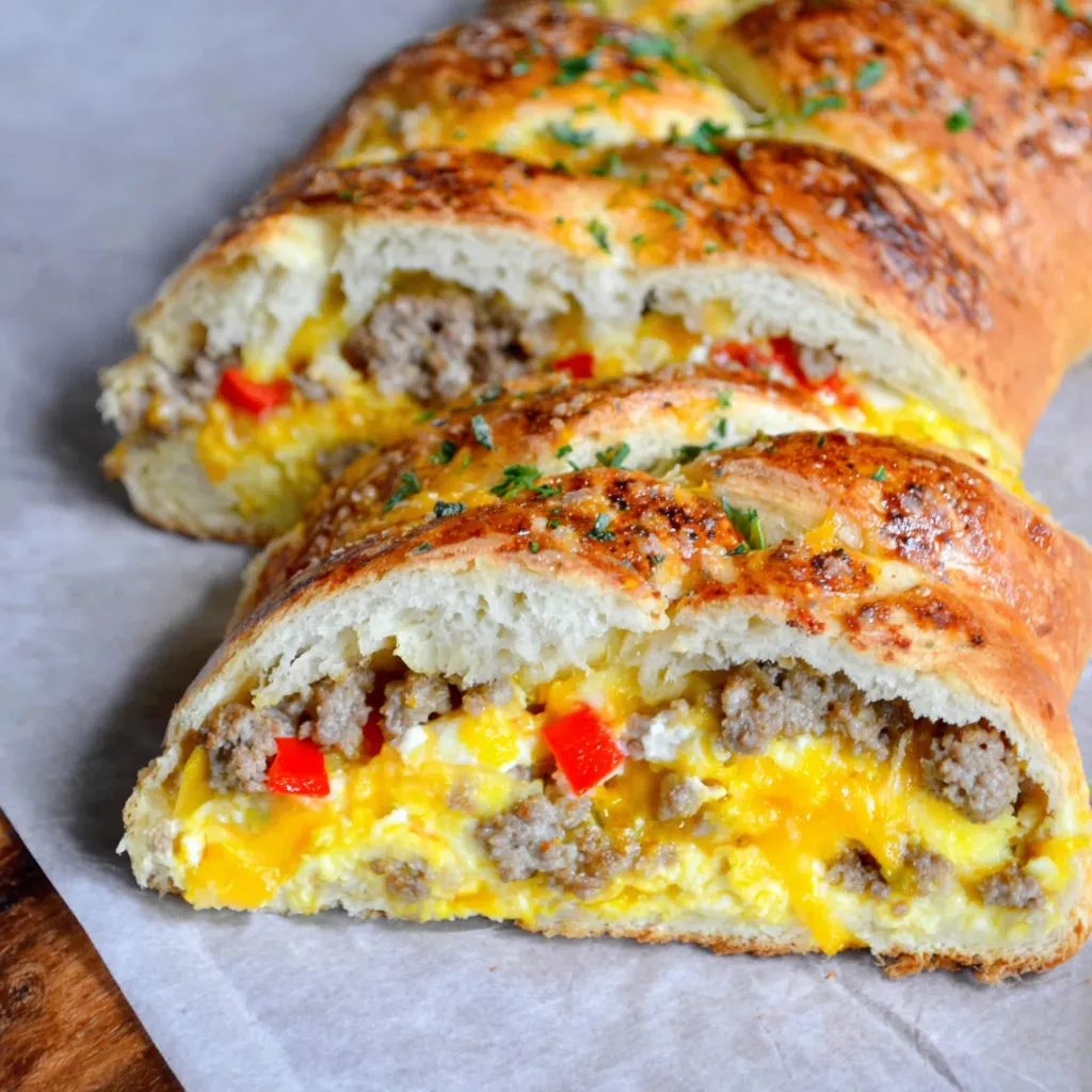A breakfast braid with meat and cheese.