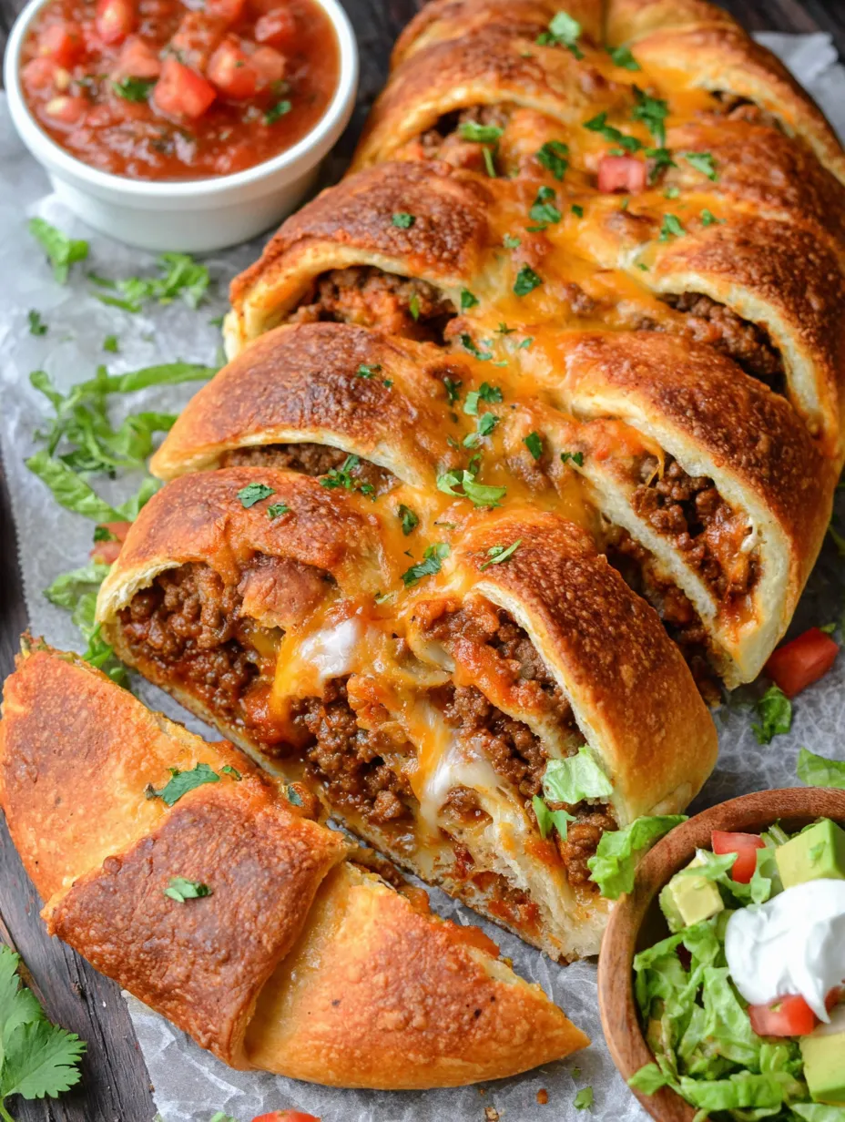 A taco braid with cheese and tomatoes.