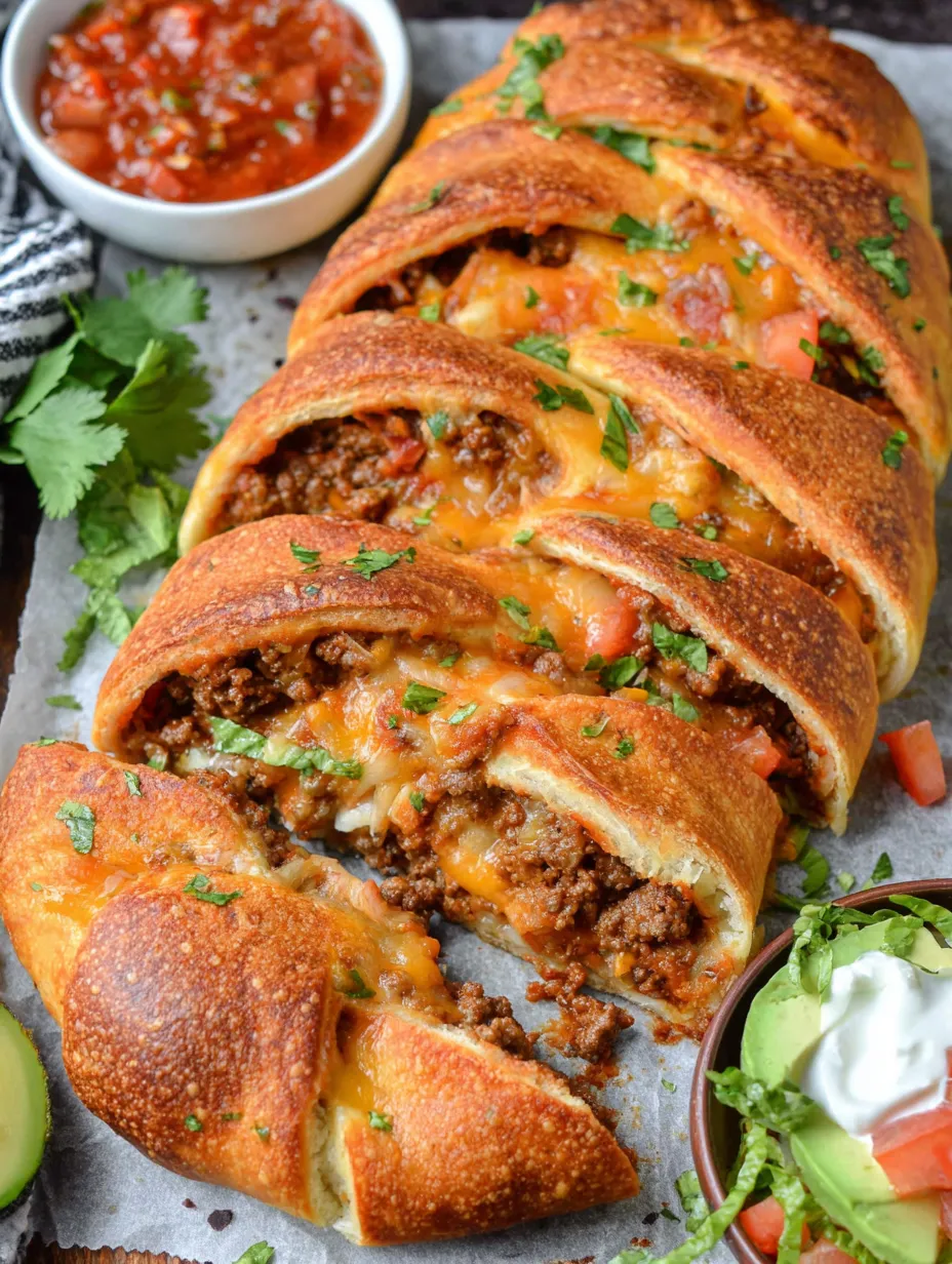 A taco braid with cheese and tomatoes.