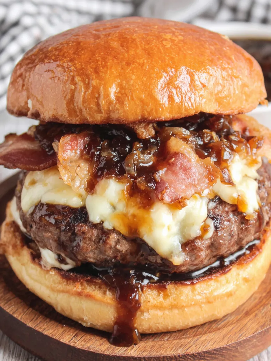 A close up of a bacon jam burger.