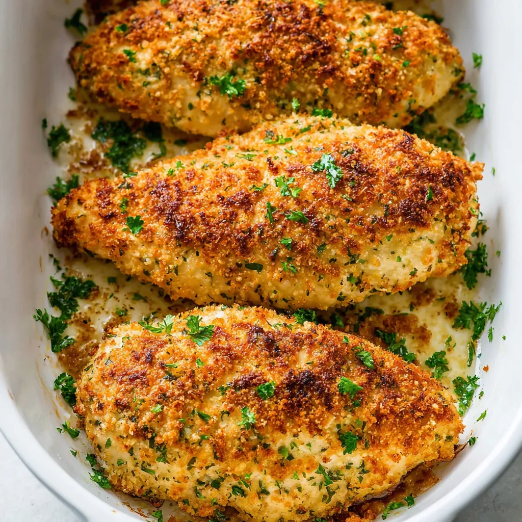A dish of baked chicken with a white sauce.