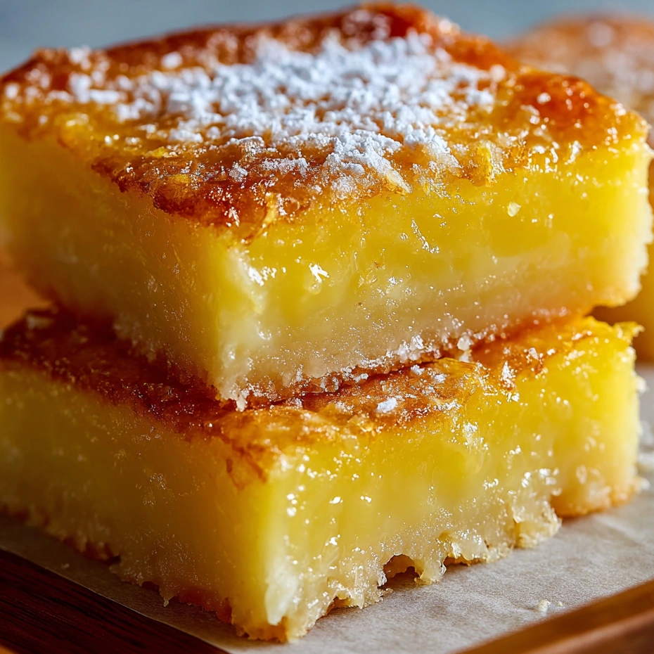 Two pieces of lemon bars with powdered sugar on top.