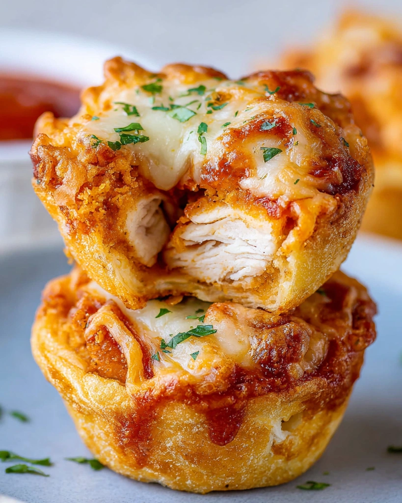 Two chicken Parmesan cups on a plate.