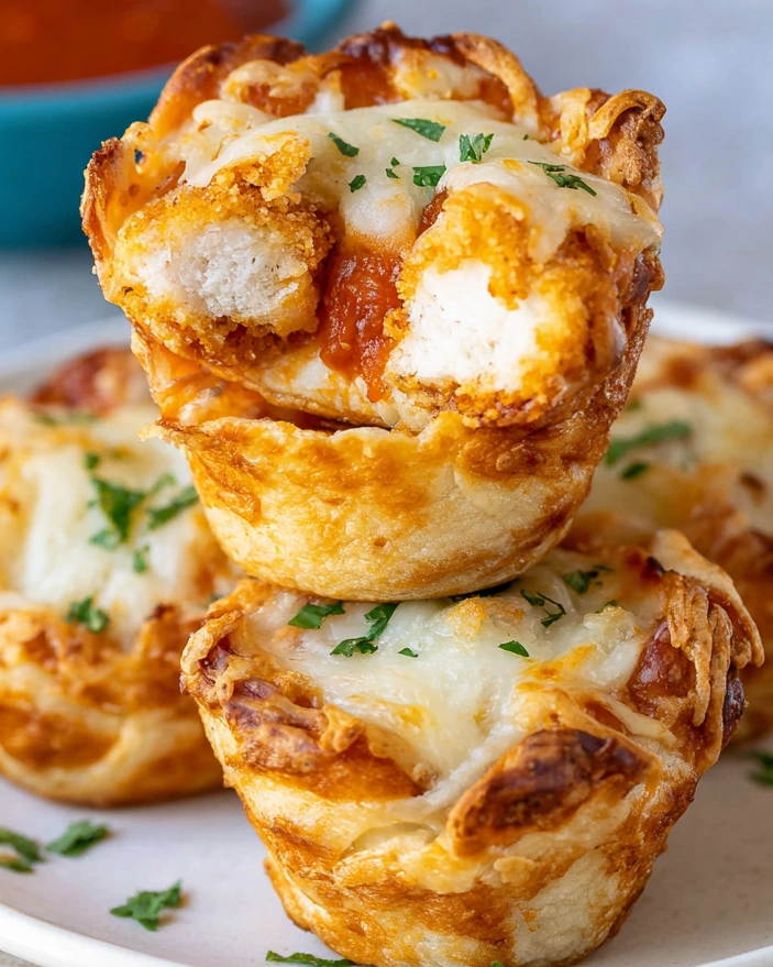 Two chicken Parmesan cups on a plate.