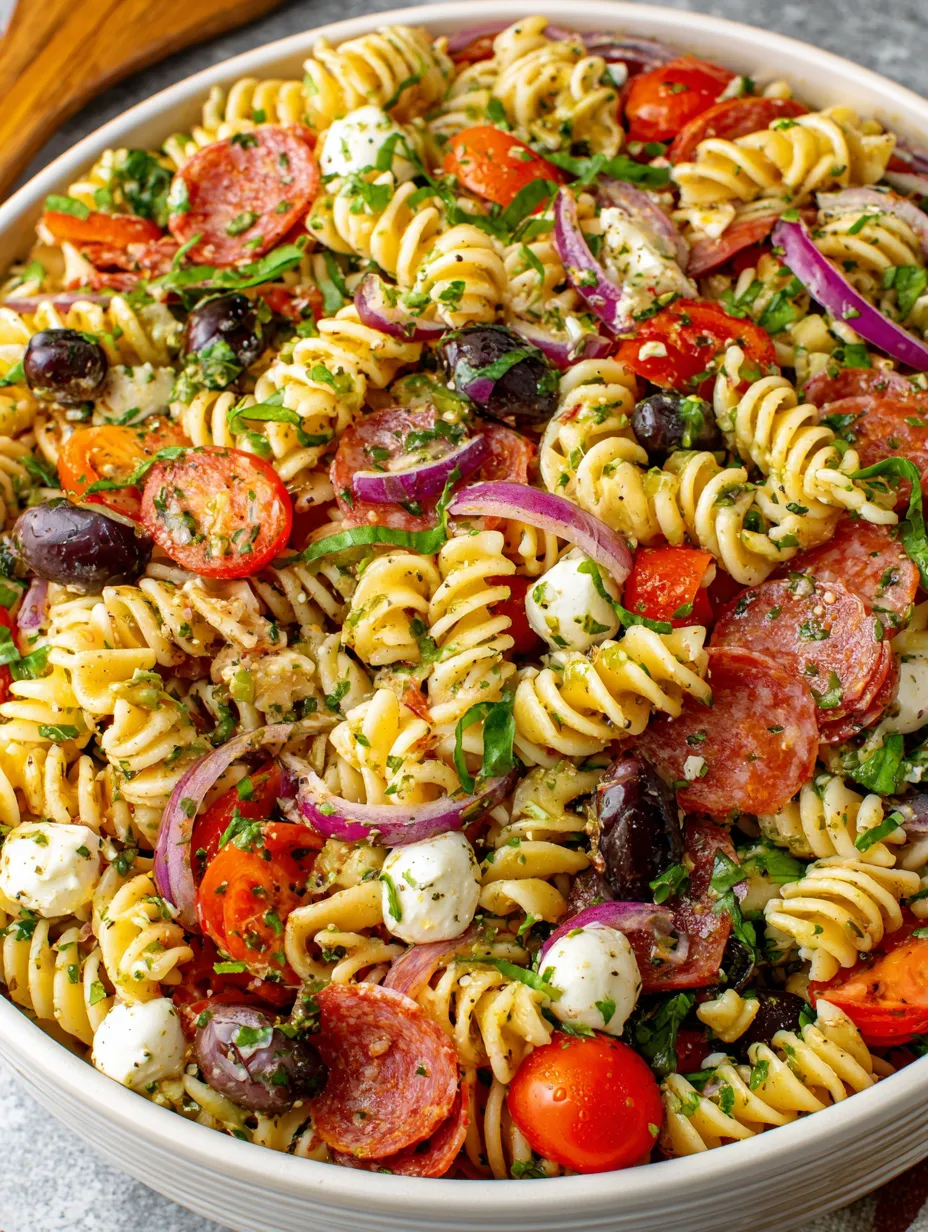 A bowl of Italian pasta salad.