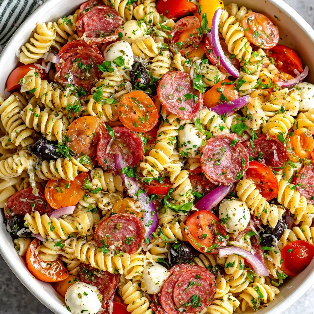 A bowl of Italian pasta salad.