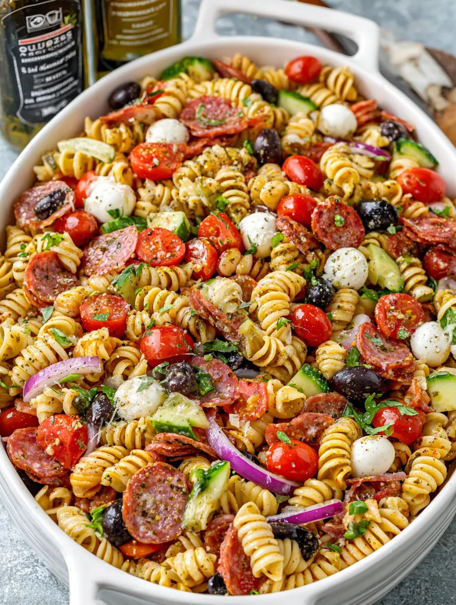 A bowl of Italian pasta salad.
