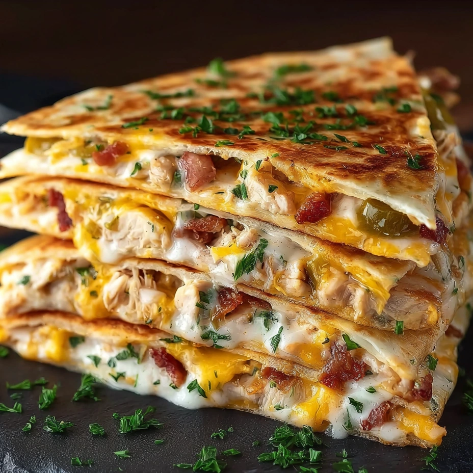 A stack of chicken bacon ranch quesadillas.