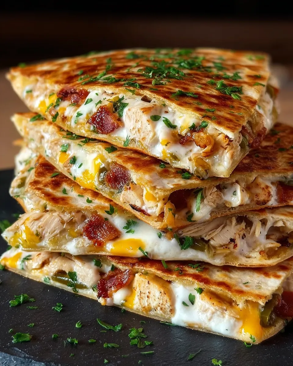 A stack of chicken bacon ranch quesadillas.