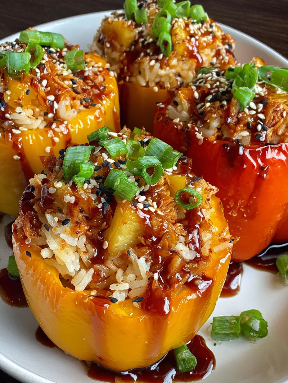 A plate of stuffed peppers with rice and teriyaki sauce.