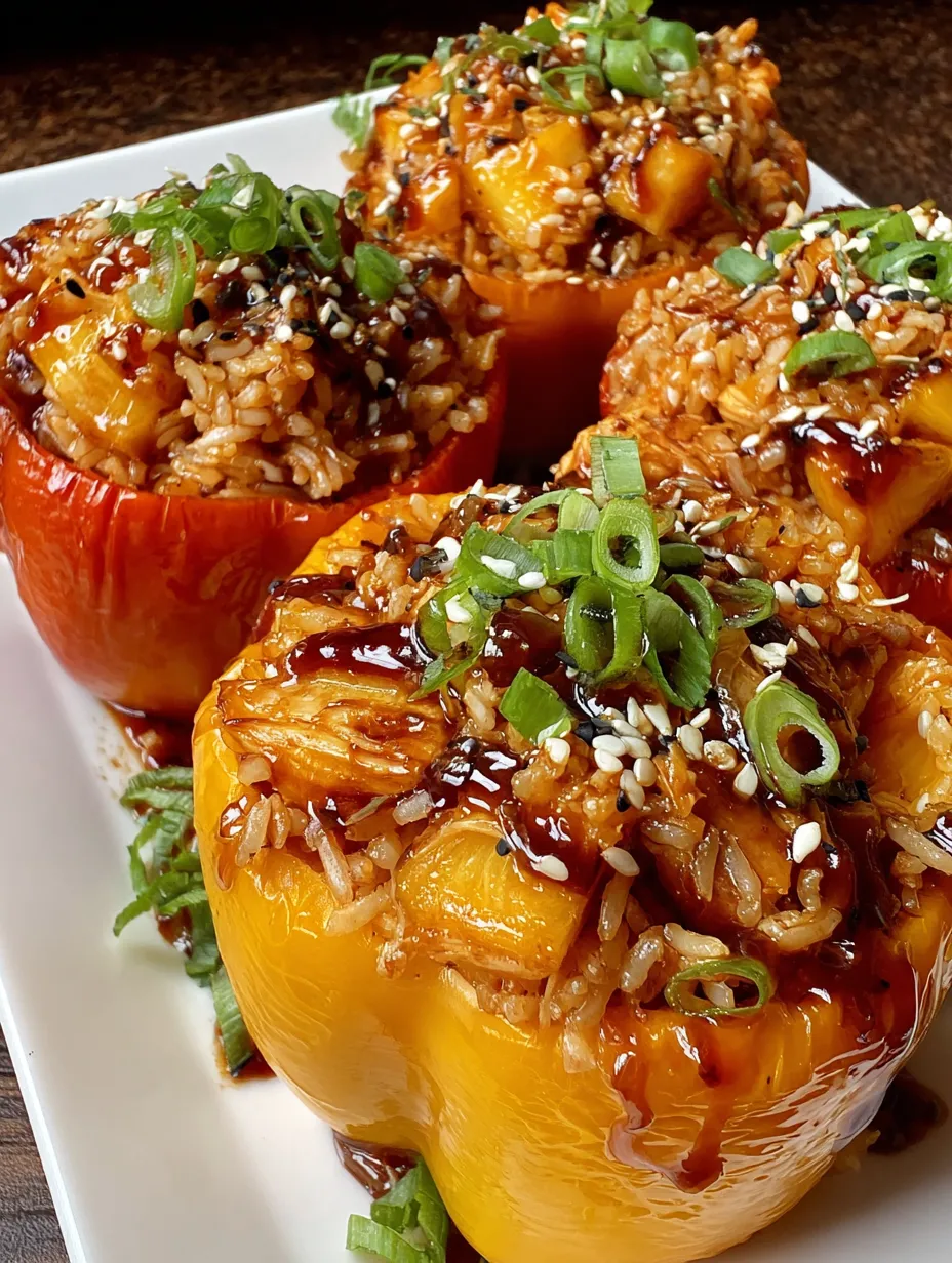 A plate of stuffed peppers with rice and teriyaki sauce.